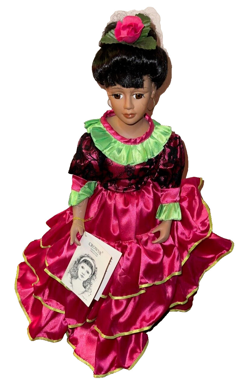 CROWNE PORDELAIN DOLL~ MARISOL~ 1999~ HISPANIC~ APPROX. 17″~ WITH DOLL STAND