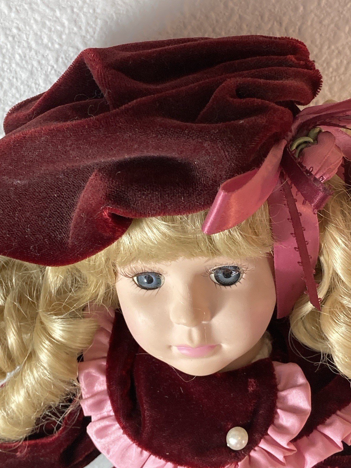 Brass Key Keepsakes – 16” Porcelain Doll – Blonde With Red Velvet Dress + Stand