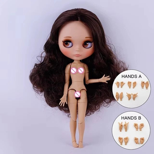 Neo Blythe Doll Matte Face Eyebrows Joint Body Tan Skin Brown Hair Wig Gift Toy