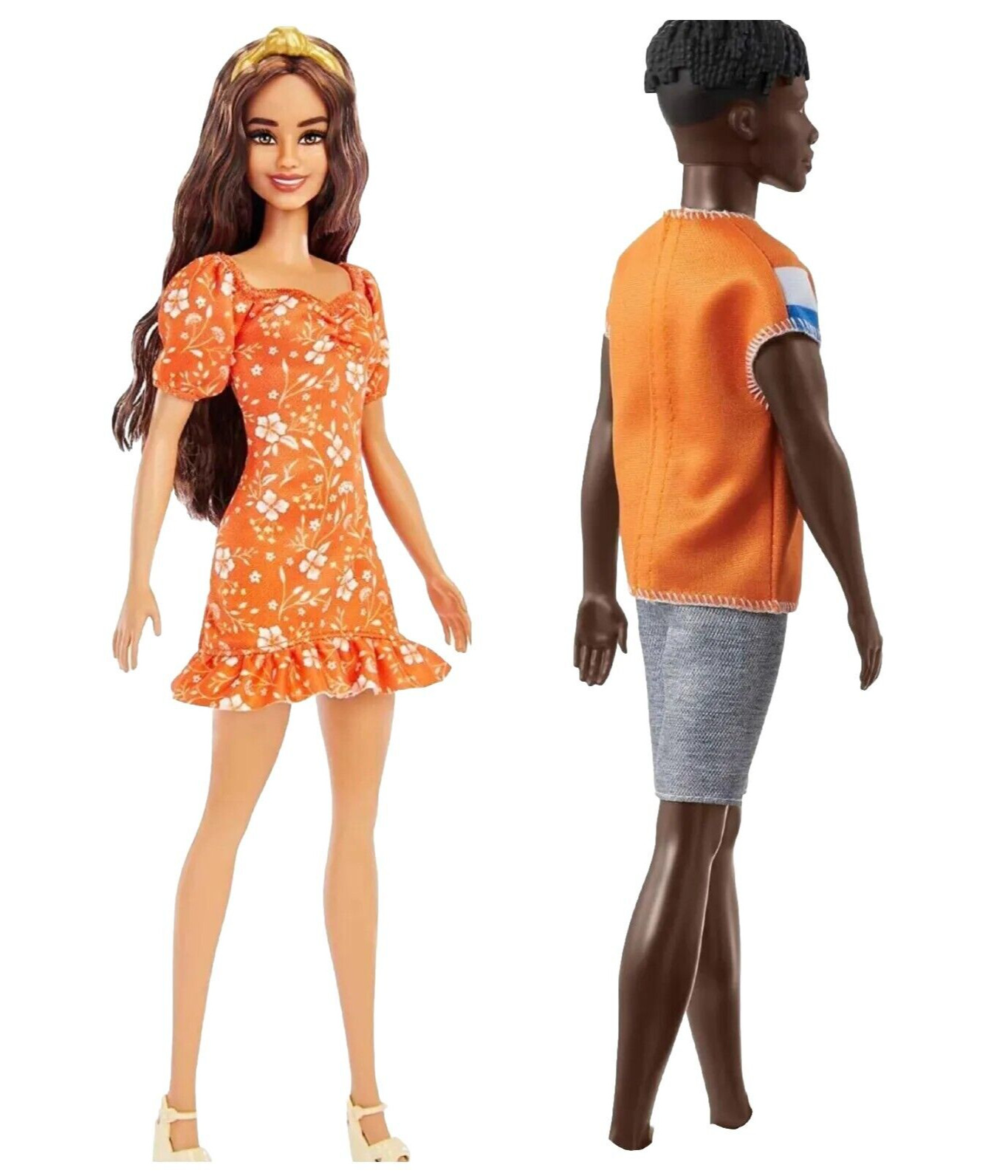 Barbie and Ken 2-Pack, Hair Long Wavy Burnette+ Twisted Black Dreads, Orange tee