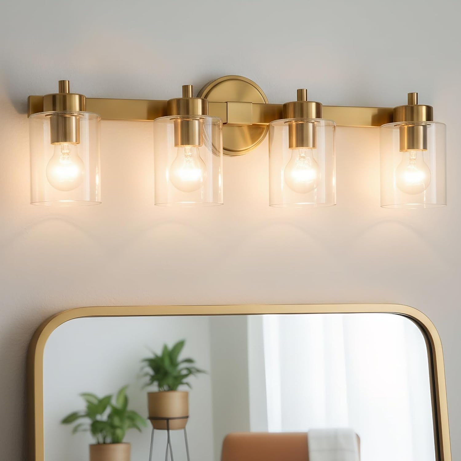 Brushed Gold 4-Light Bathroom Vanity Fixture with Clear Glass Shades 24.6
