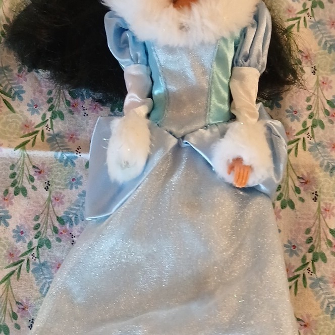 Fashion Doll Girl Light Complexion Black Eyes Black Curly Hair Blue Gown