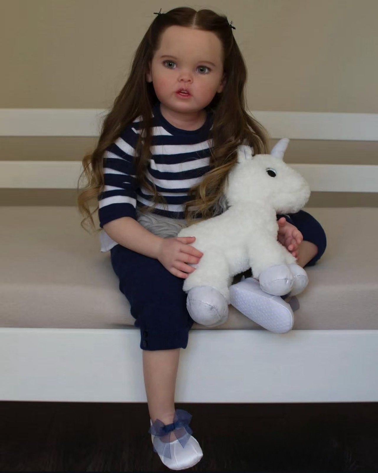 30″ Pretty Toddler Girl Reborn Baby Doll Hand-Rooted Mohair Artist Painted Gift
