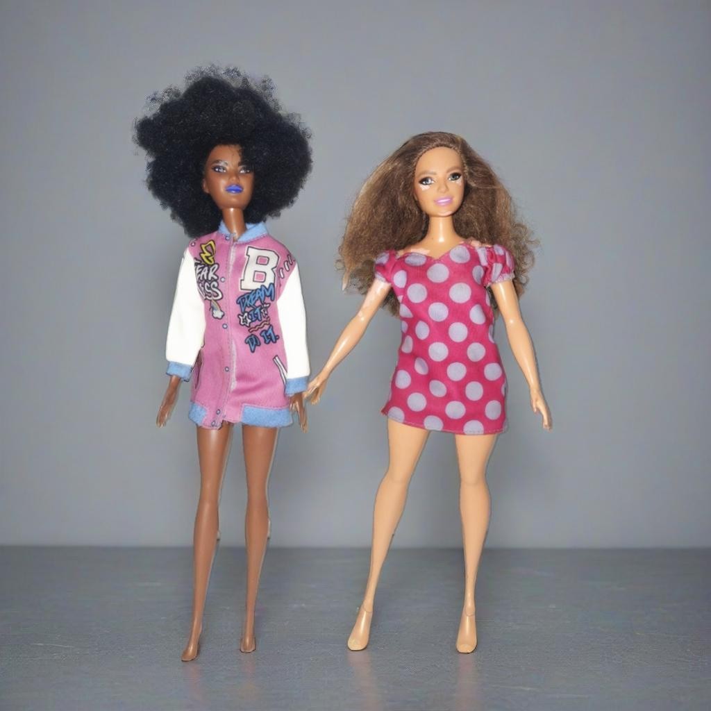 Barbie Fashionistas #156 #171 Afro w/blue lips & Polka Dot dress Vitilligo skin