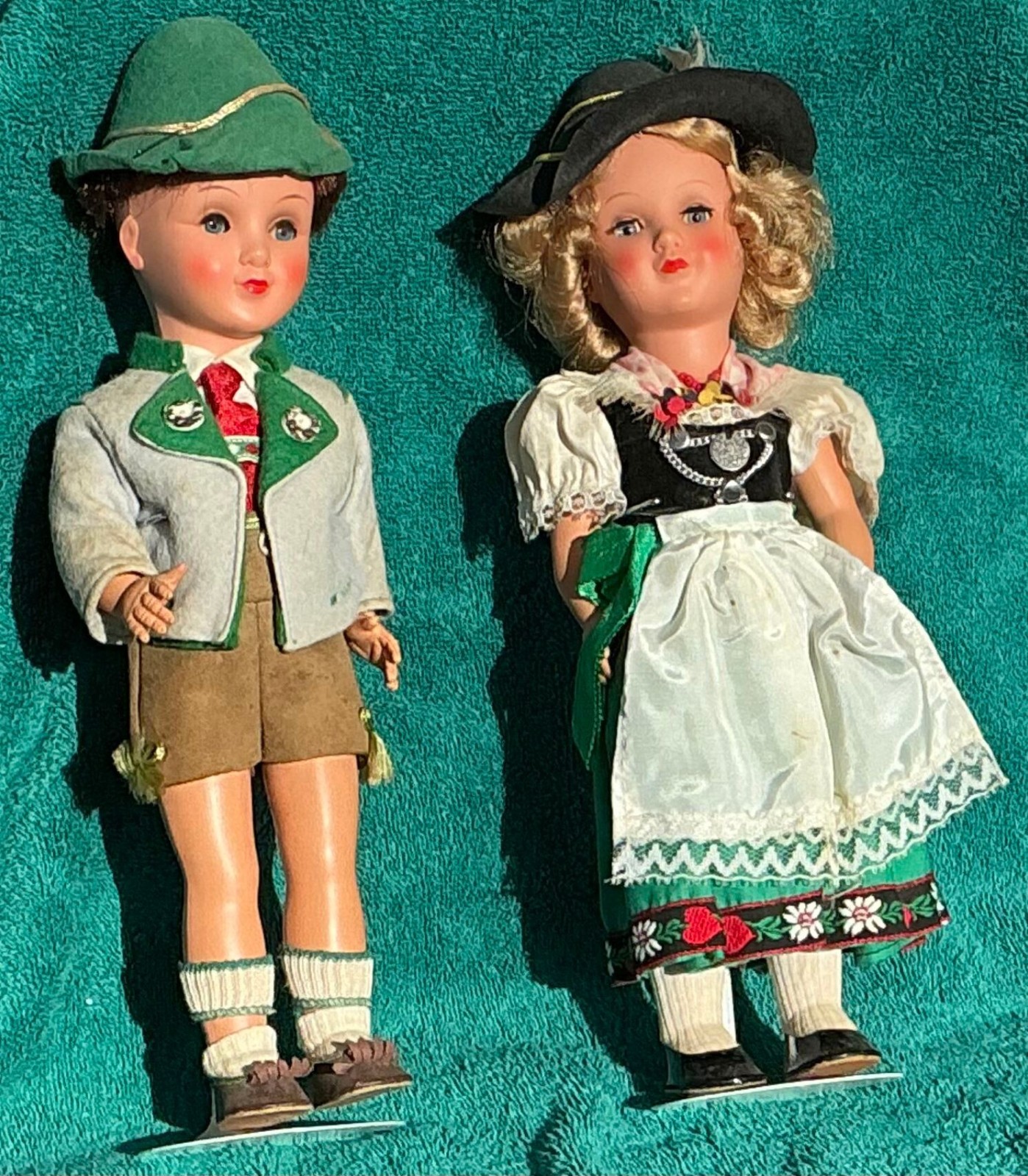 13” German/Bavarian boy and girl dolls with stands (circa 1970s?) 2 dolls total.