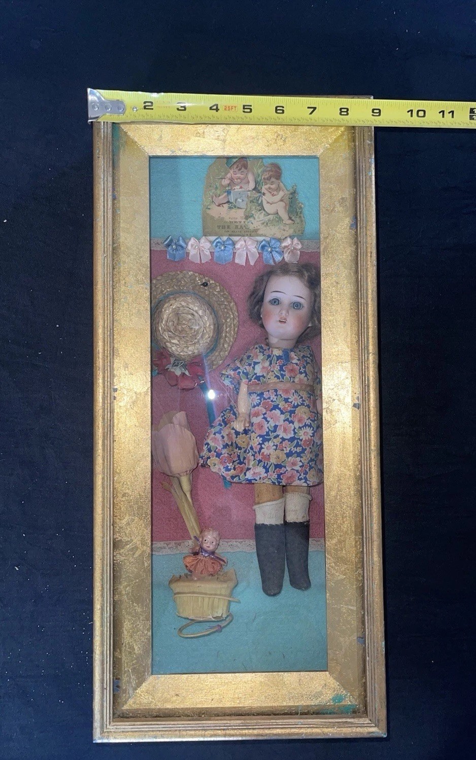 Antique Schoenau & Hoffmeister Bisque Head Doll Shadowbox Display Folk Art