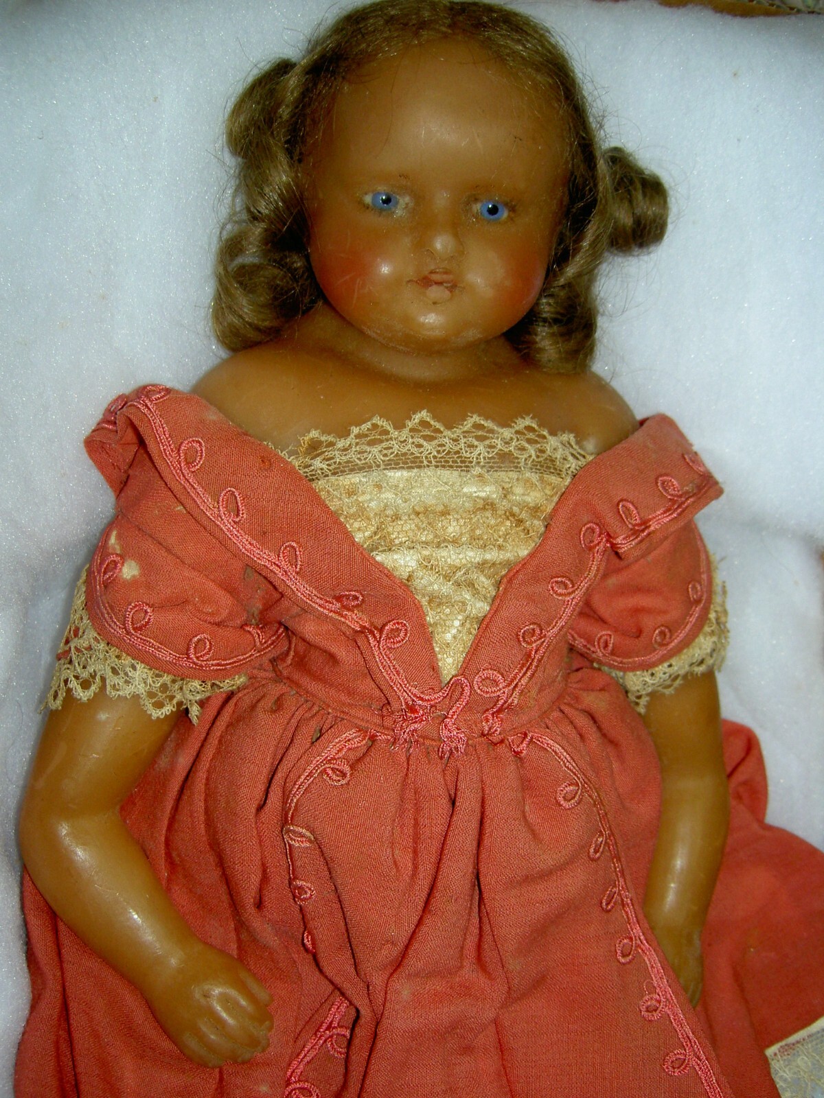 Antique c1845 English poured wax doll inset hair, original body & clothing AS IS