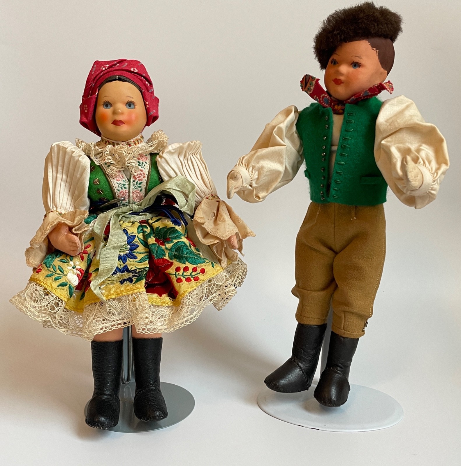 Vintage German Boy (10″) and Girl Doll (9.5″), Traditional Dress, Hand Painted