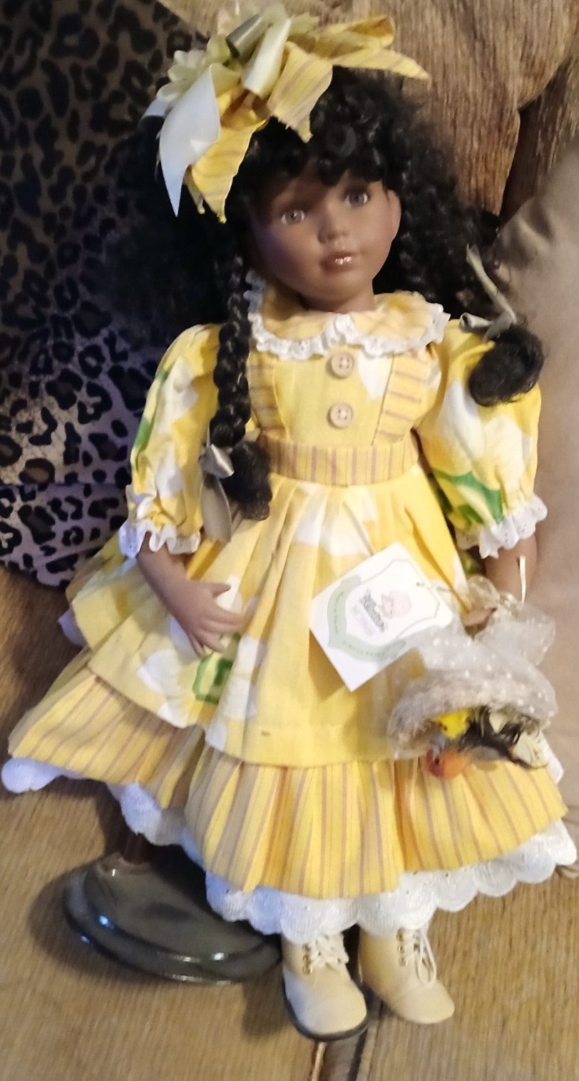 Cutie Doll Collection Fashion Girl Doll Yellow Dress Medium Dark Black Curly Ha…