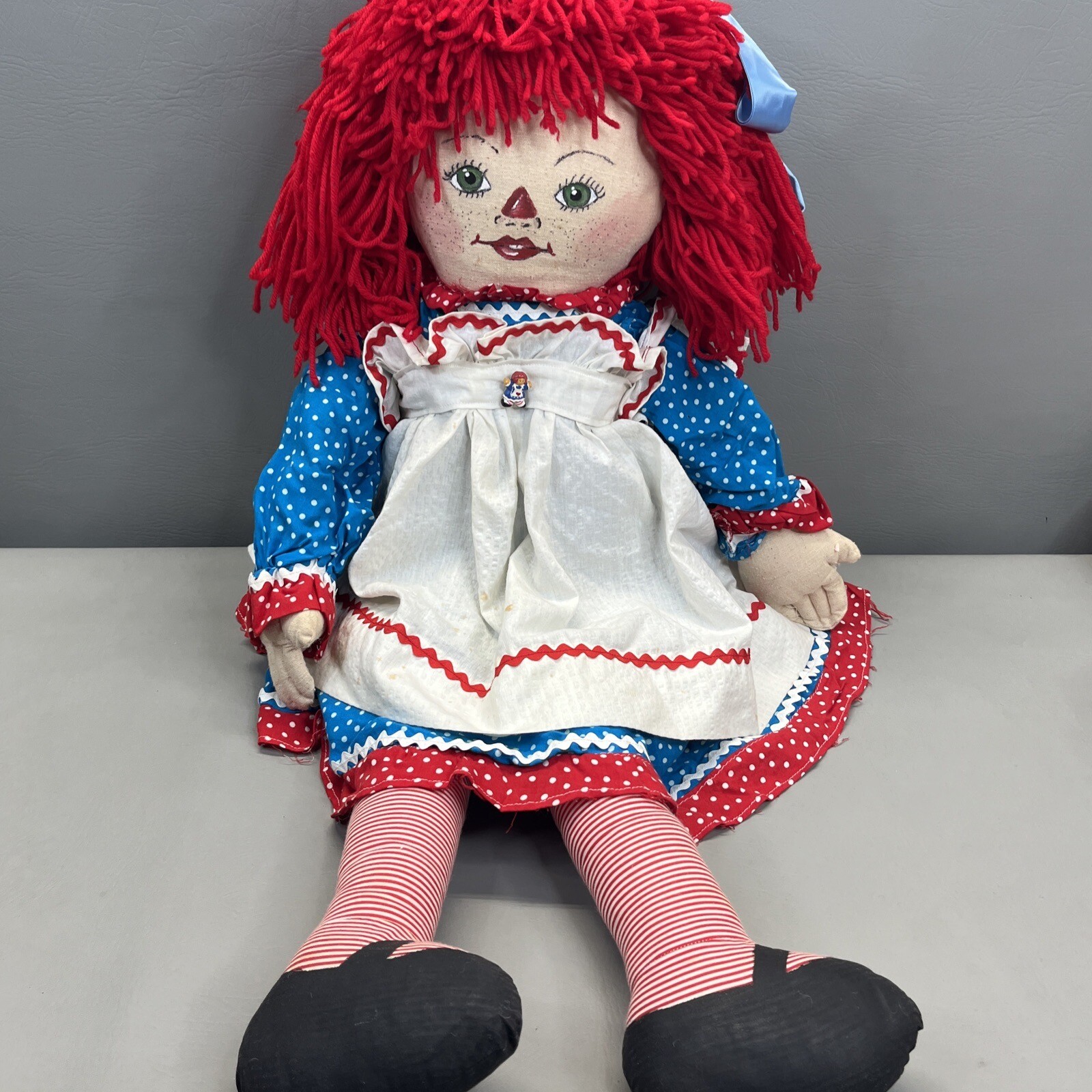 Raggedy Ann Doll 36 in Hand Painted Yarn Hair Vintage Button Blue Polka Dot