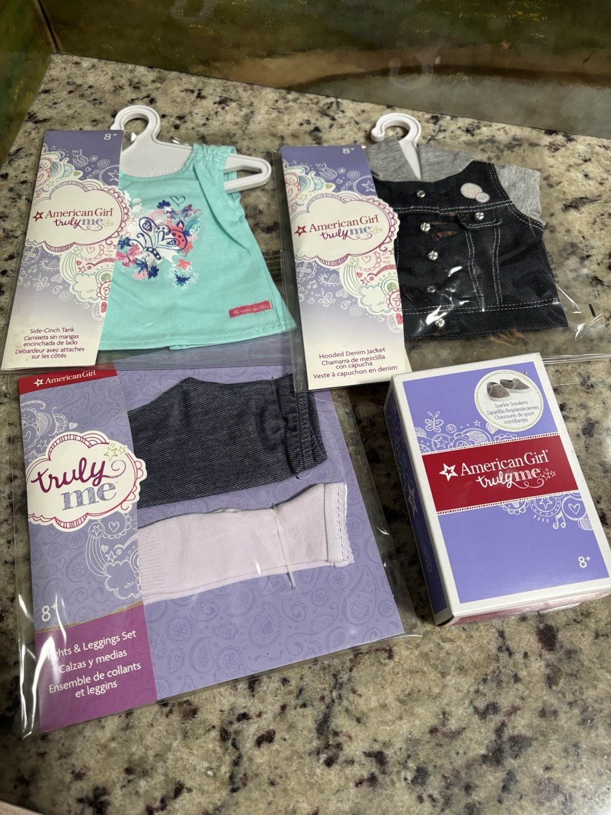 American Girl Side Cinch Tank, Denim Jacket, Leggings, Shoes- New – Retired 2016