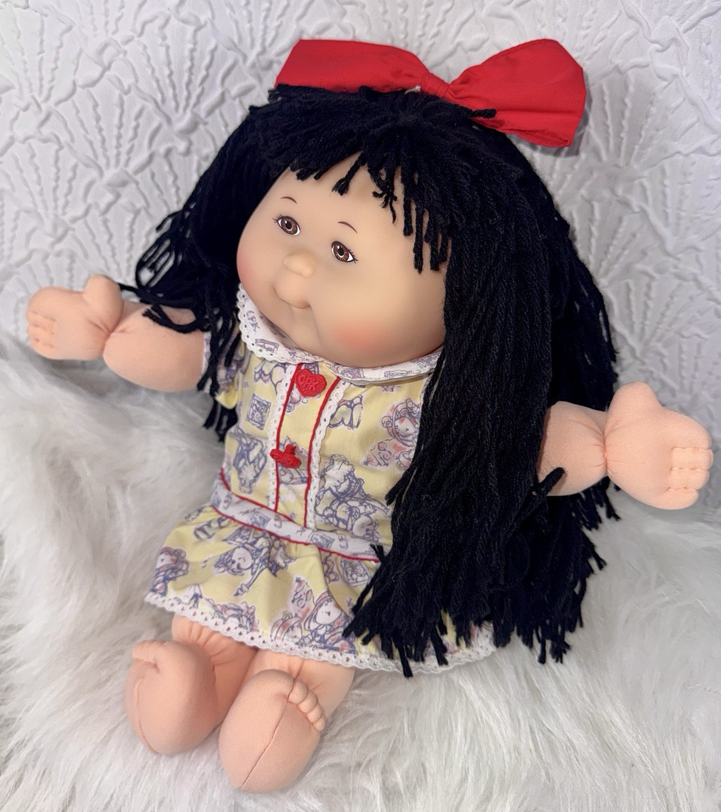 Vintage 1995 Asian Cabbage Patch Kid Brown Eyes Yellow Dress Red Bow Mattel OAA