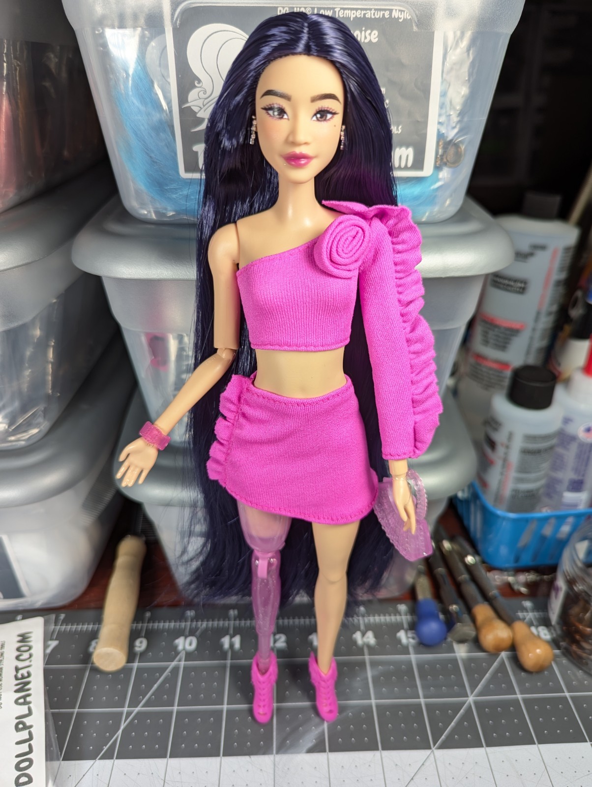 OOAK Custom Reroot Barbie Deluxe Style 2 Doll Long Black Hair Prosthetic Leg