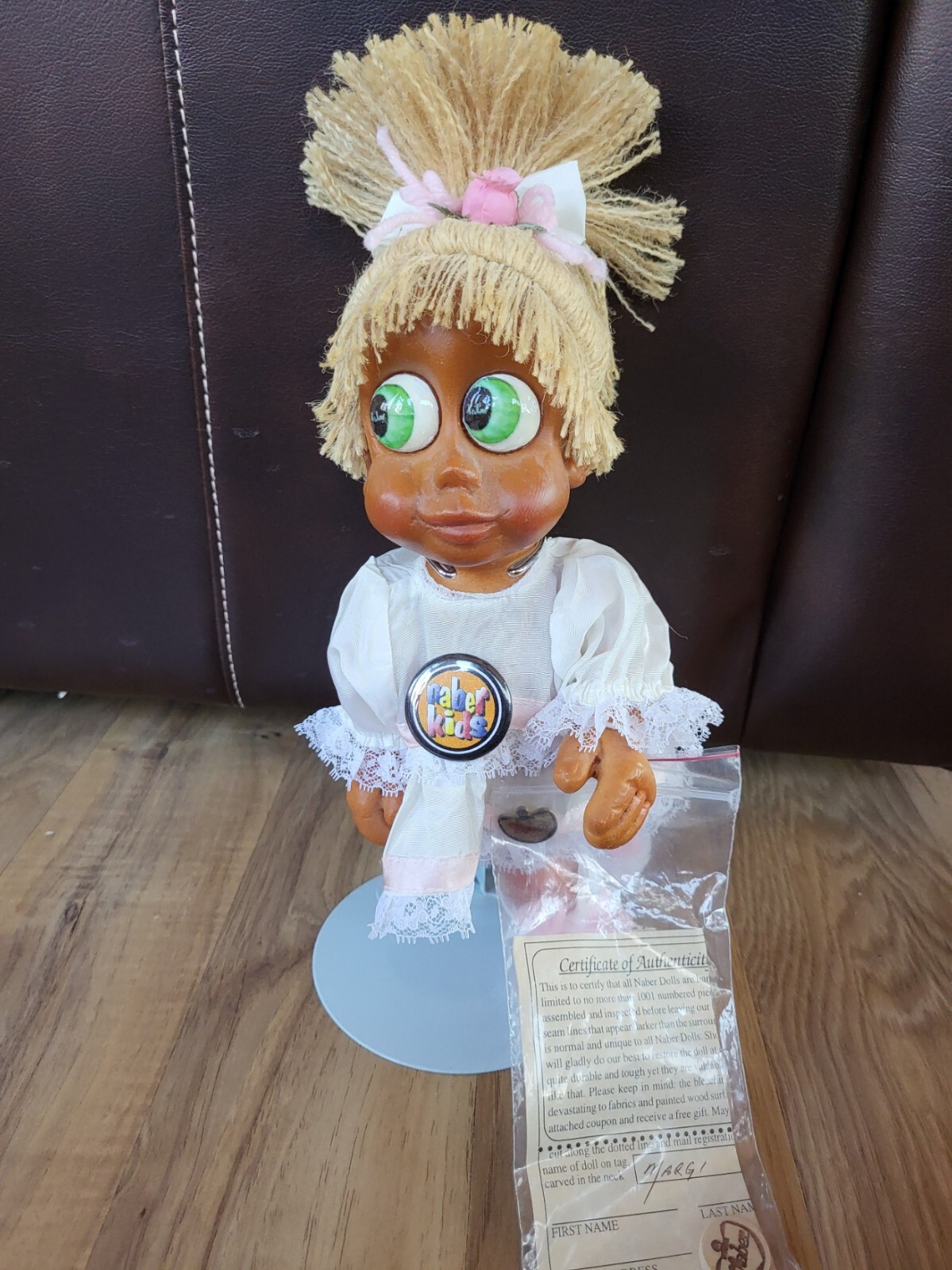 Vintage Naber Kids Margi Wooden Doll W/Certificate of Authenticity & Stand