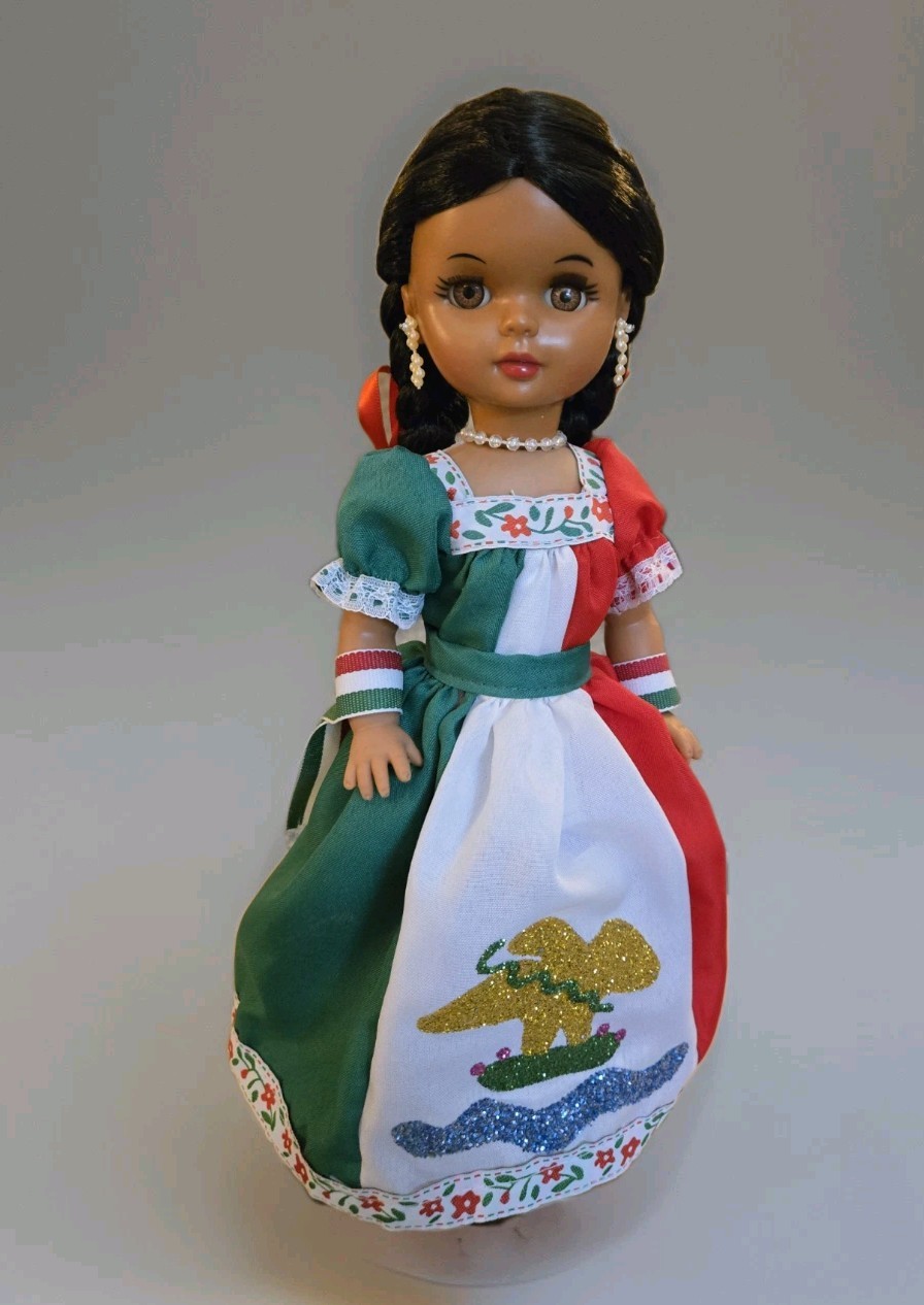 Doll 13” Mexico Flag Traditional FolkDress Vinyl Sleepy Eyes Stand