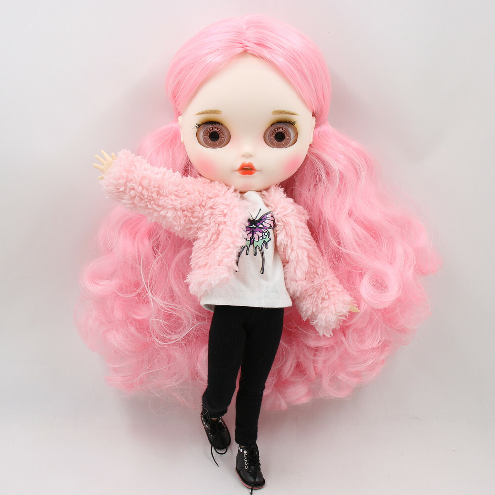12″ Blythe doll Nude Pink curls hair Carved lips samll mouth Factory Joint Body