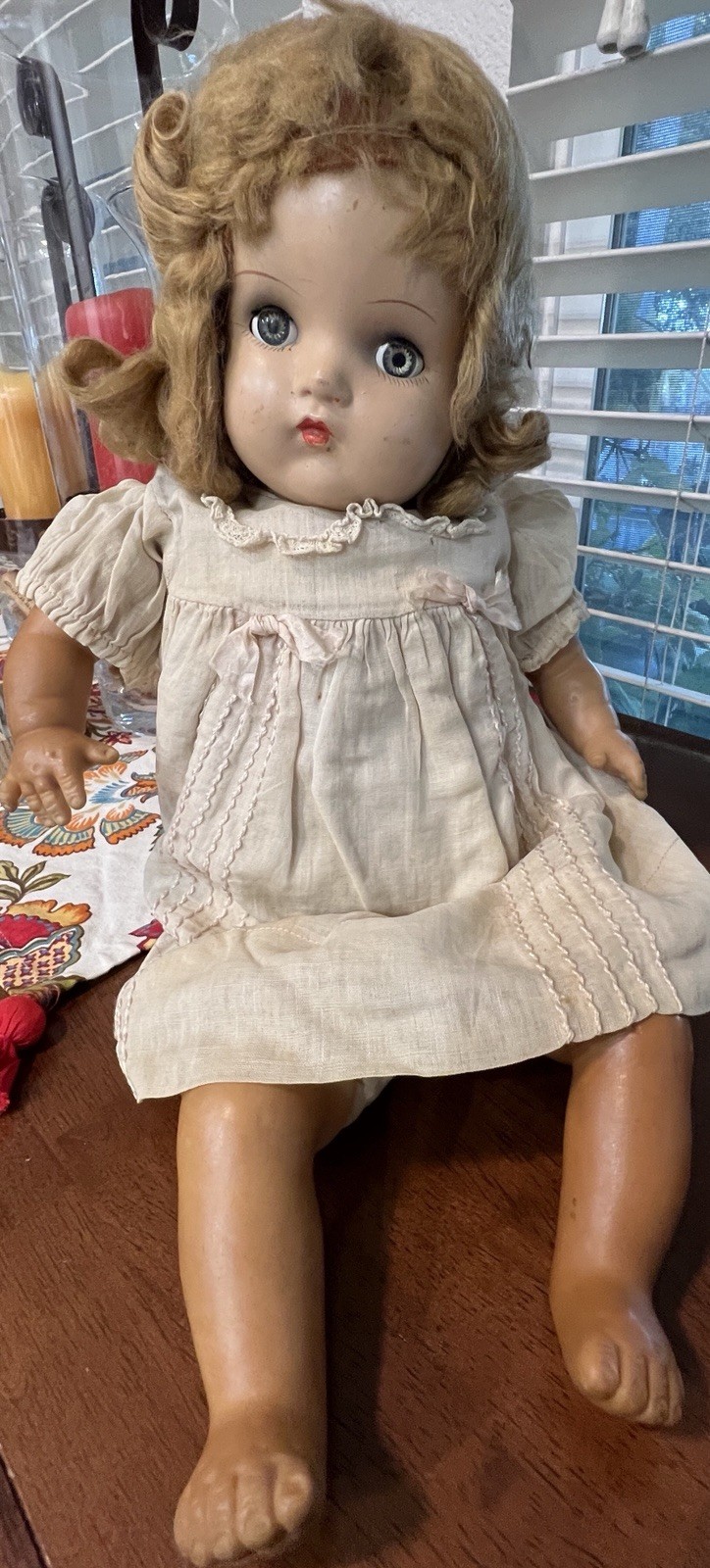 VINTAGE ANTIQUE 17” 1930 BABY DOLL COMPO ORIGINAL MOHAIR WIG CRIER CLOTH RUBBER
