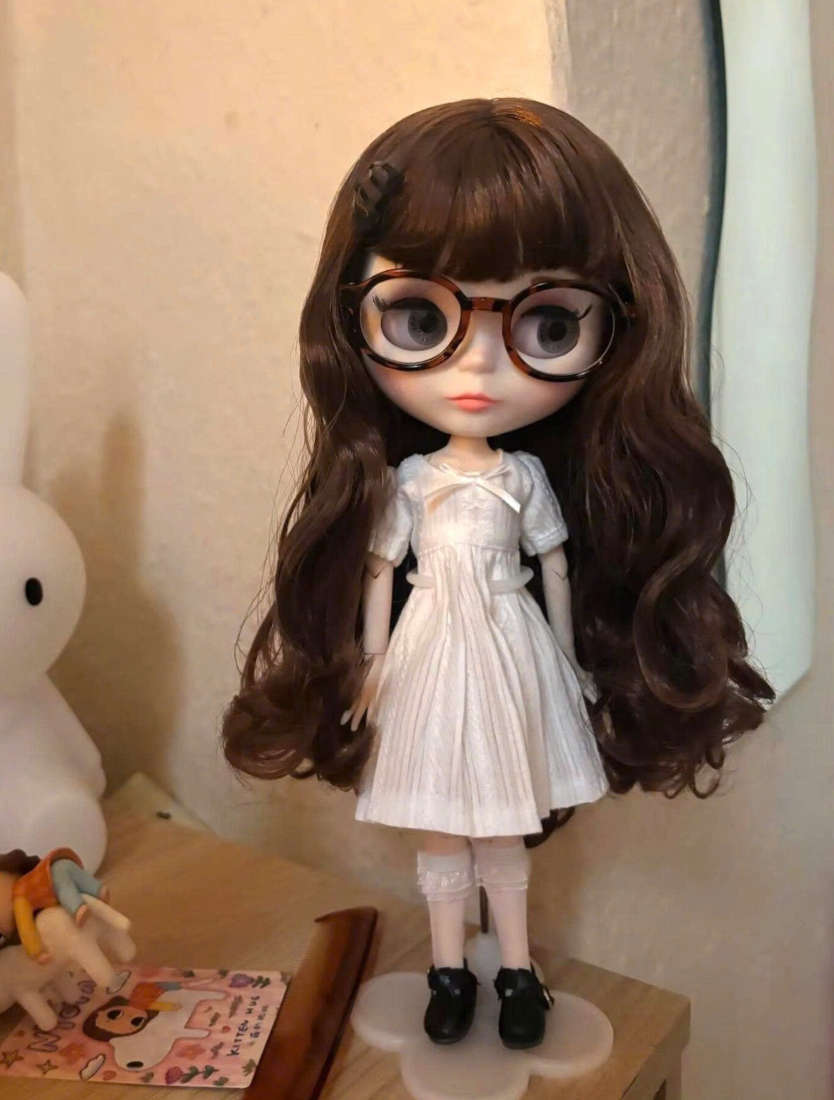 1/6 Custom Blythe Doll White Skin Matte Face Brown Curly Hair Jointed Body Brows