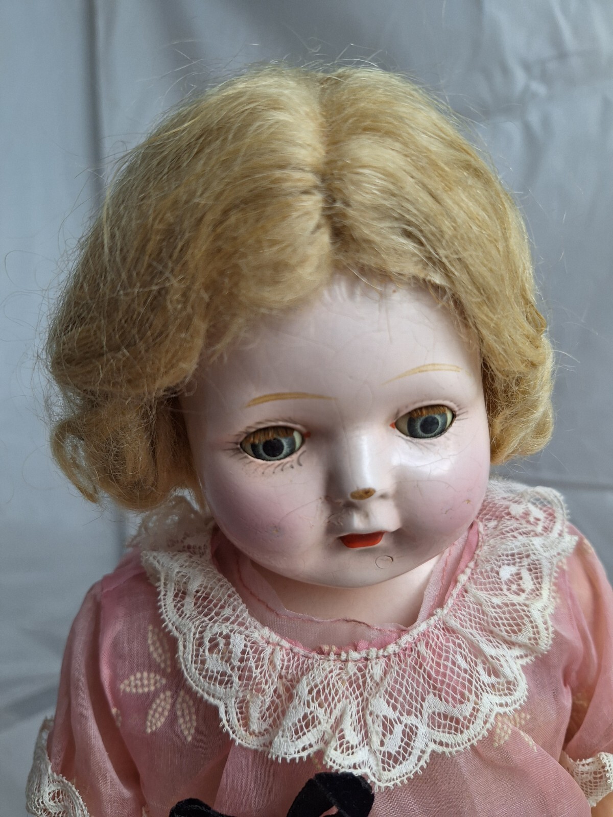 Antique 16” Composition Mama Doll Tin Eyes Old Clothes + Mohair Wig 1910s-1920s