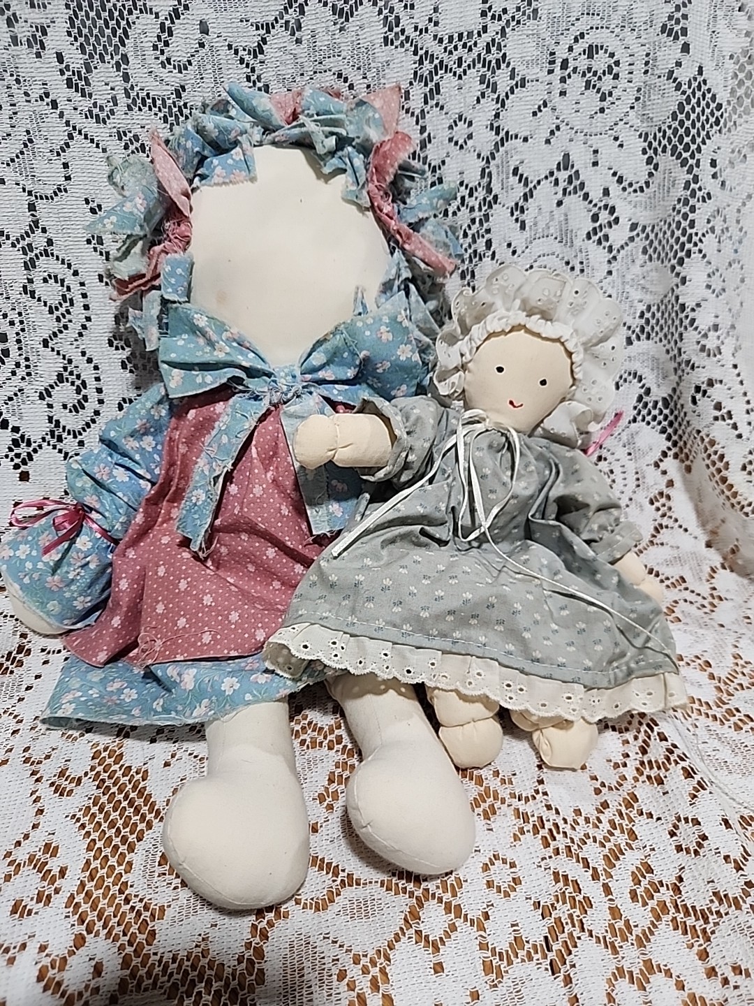 Two Vintage Handmade Cloth Rag Dolls Soft Body with Bonnets Ruffles & Bows