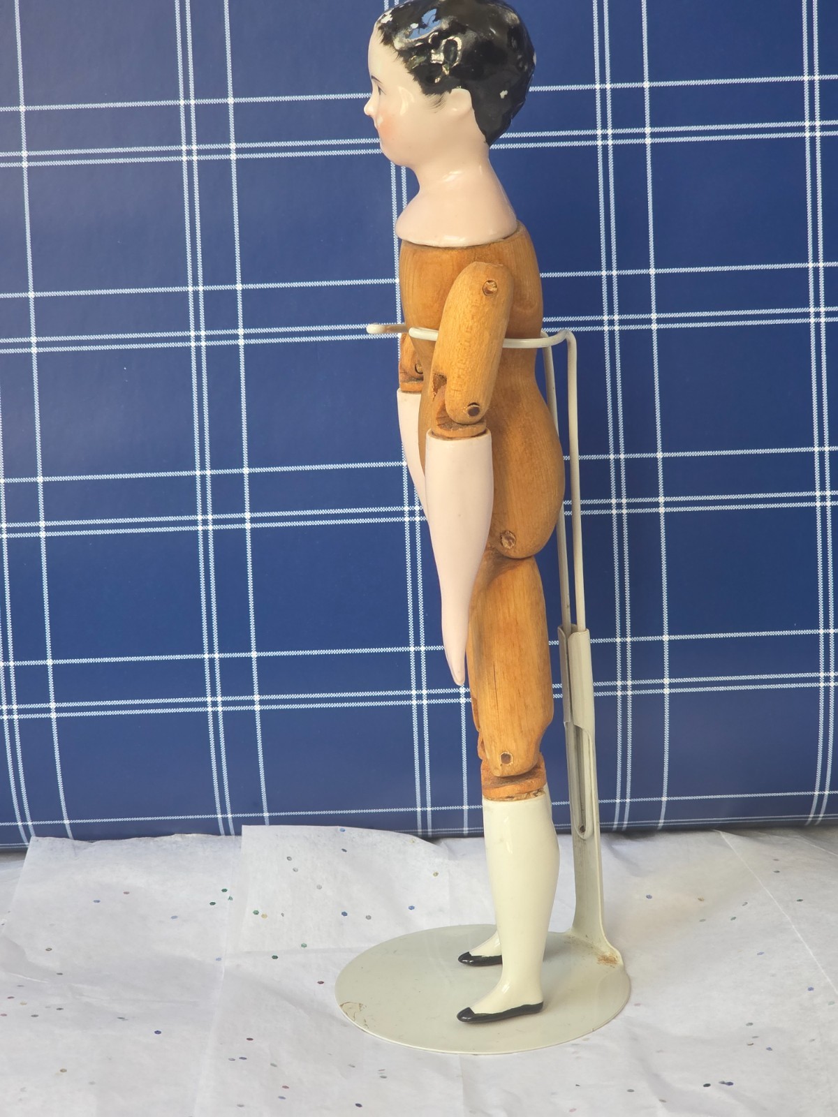 Antique German China head doll 9″5/8 tall wooden doll