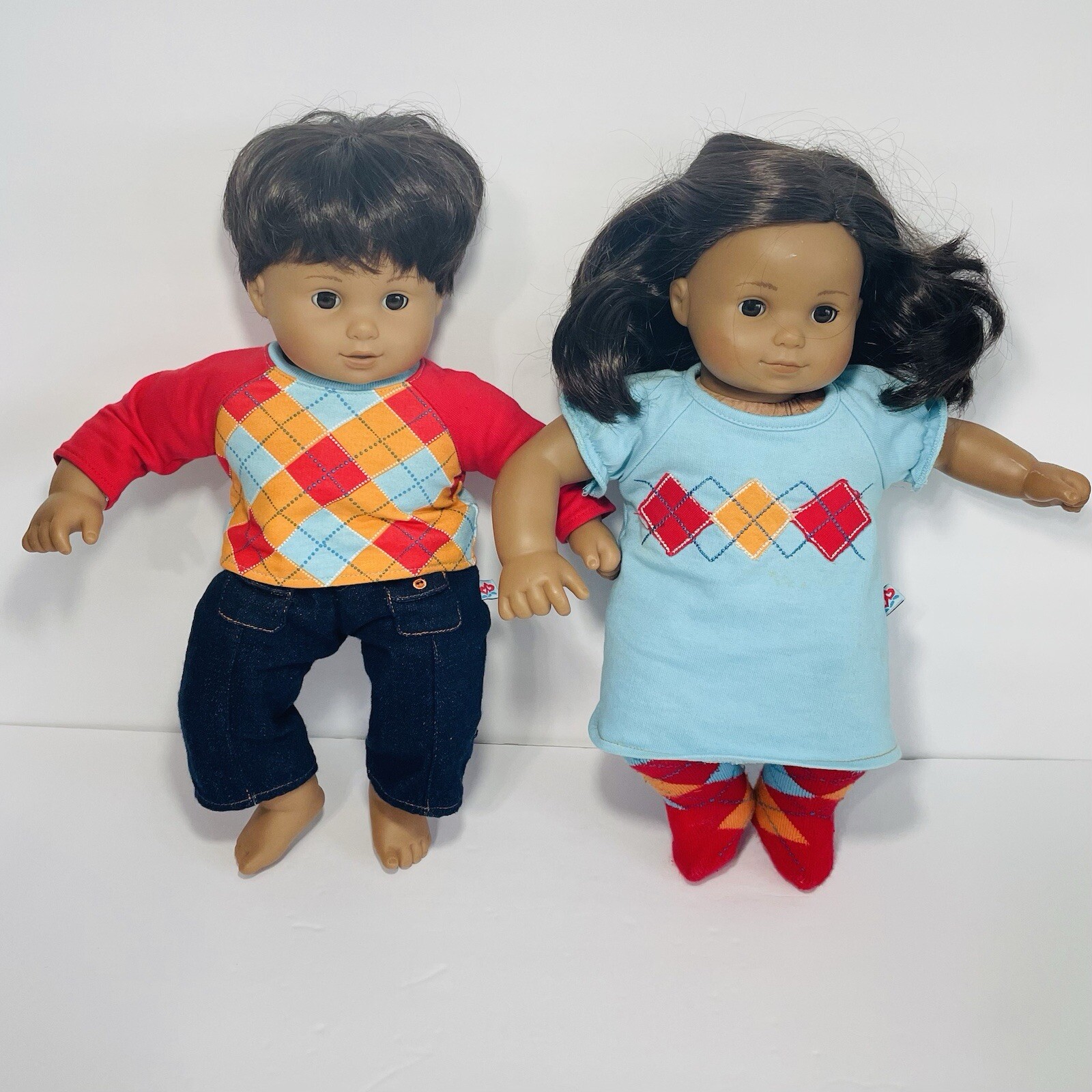 American Girl Bitty Twins 2 Dolls Retired Boy/Girl Medium Skin Tone Argyle 2010