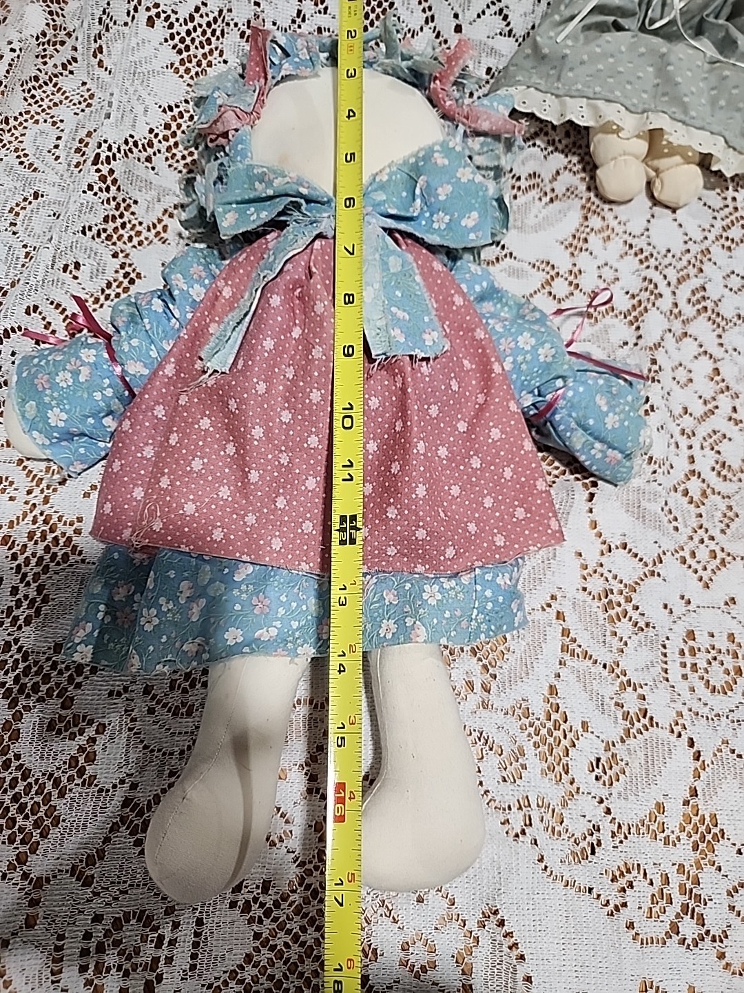 Two Vintage Handmade Cloth Rag Dolls Soft Body with Bonnets Ruffles & Bows