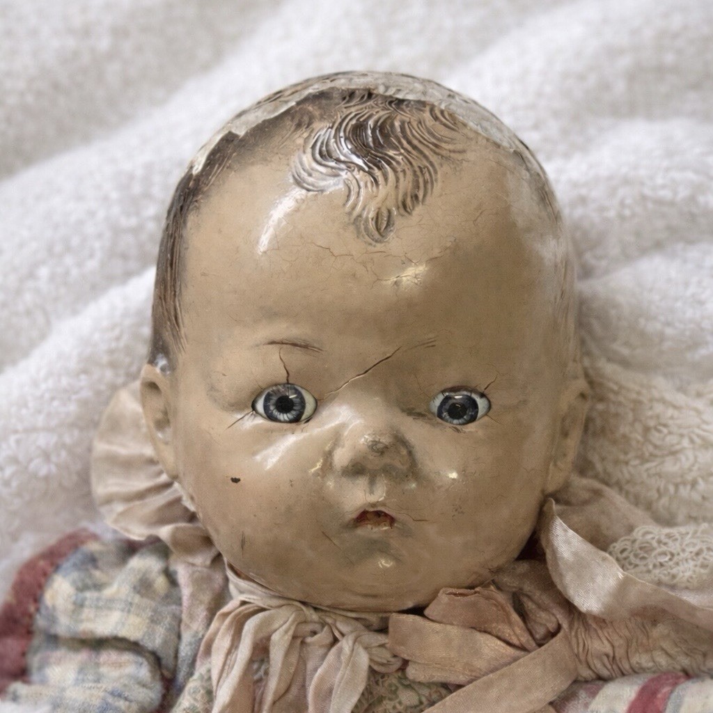 Vintage Composition Sleepy Eye Doll Cloth Body 14″ Needs TLC Baby Primitive ￼
