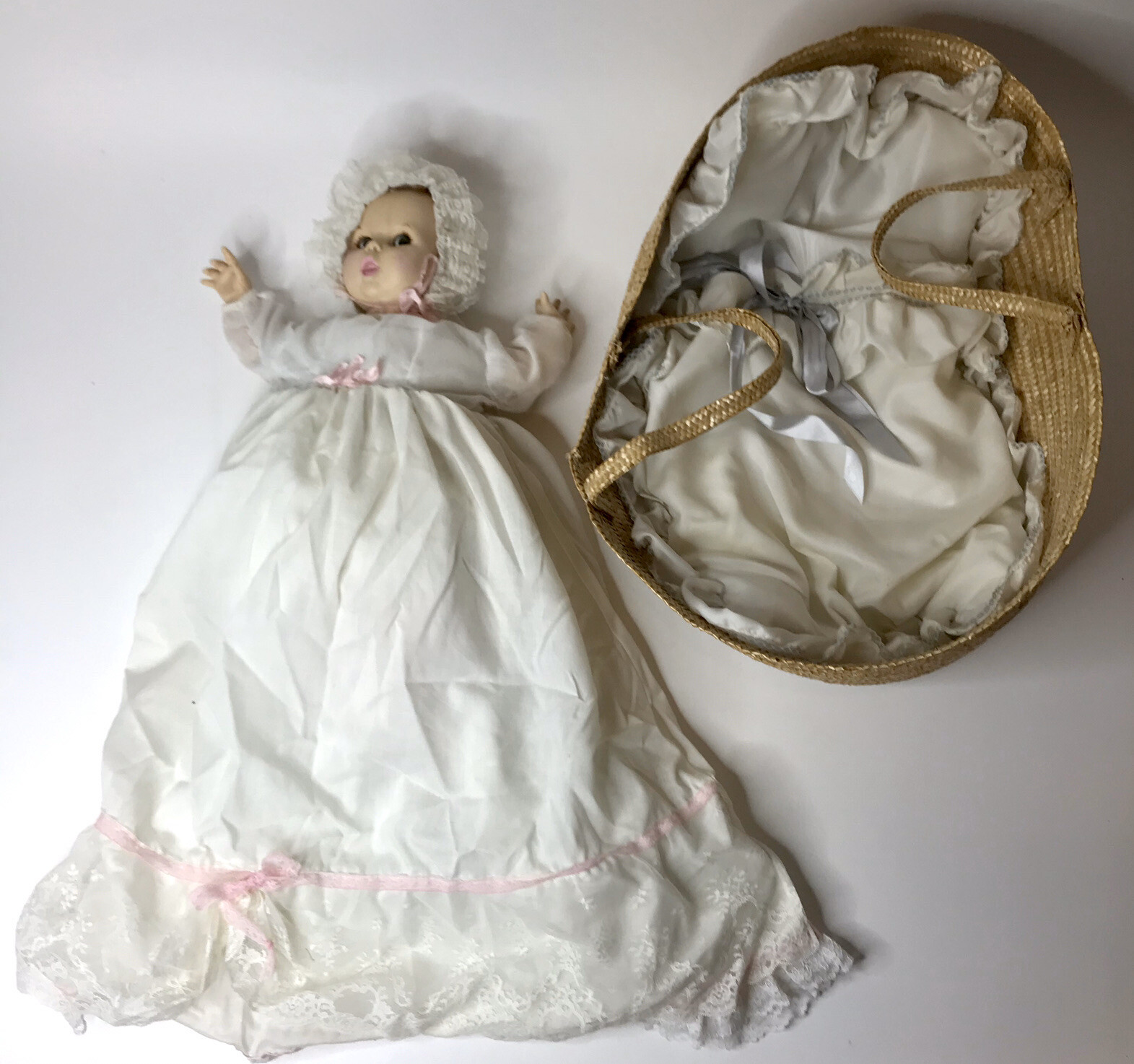 Atlanta Novelty Company Gerber Christening Baby Doll in Basket 1970’s.