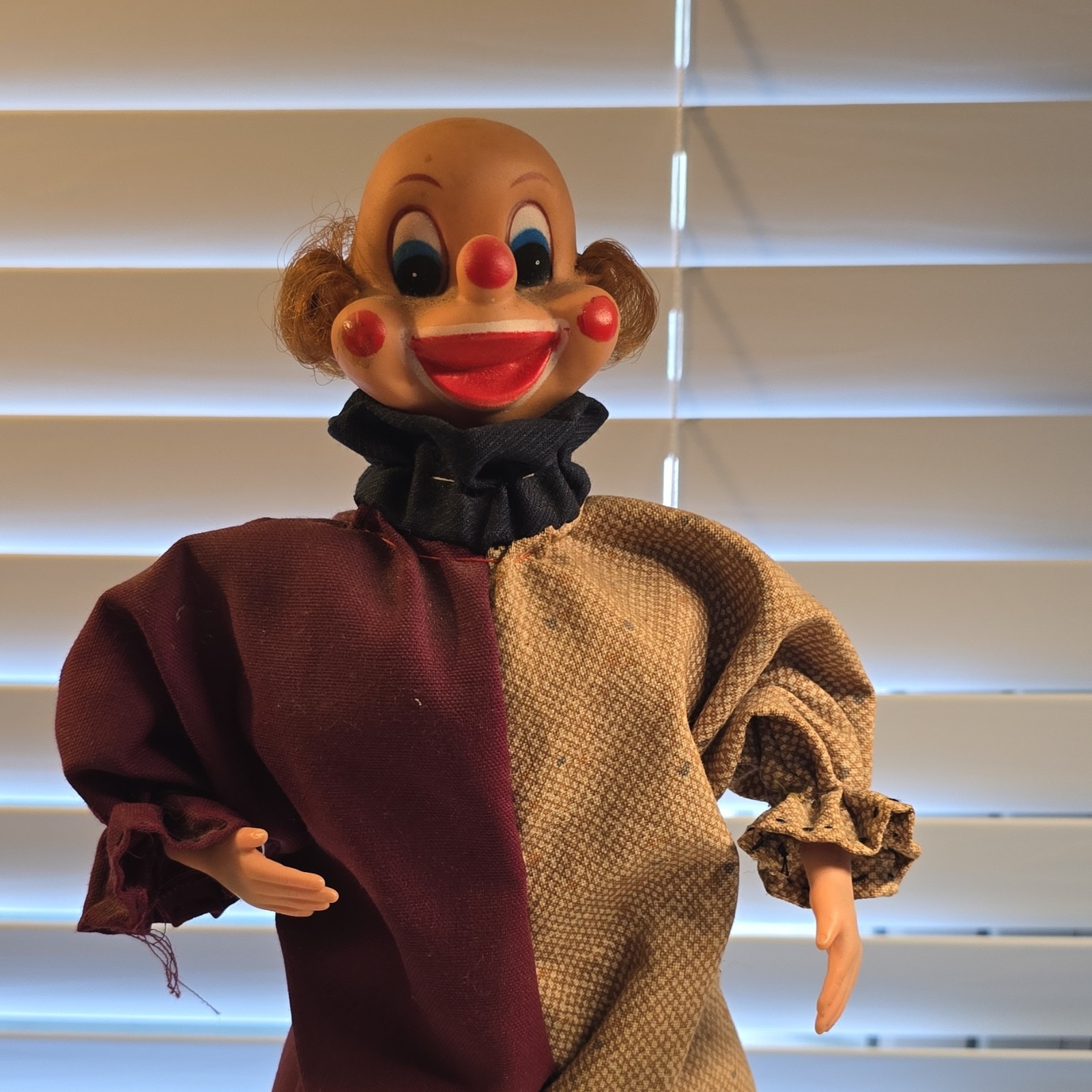 Vintage 13in Clown Doll Curly Brown Hair Burgundy Patchwork Outfit Rubber Cloth