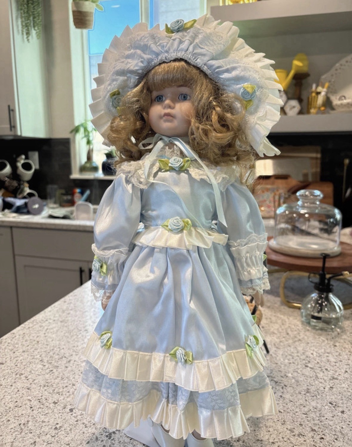 Doll Blue Lace Dress Outfit with Bonnet Blonde Curly Hair Light Complexion