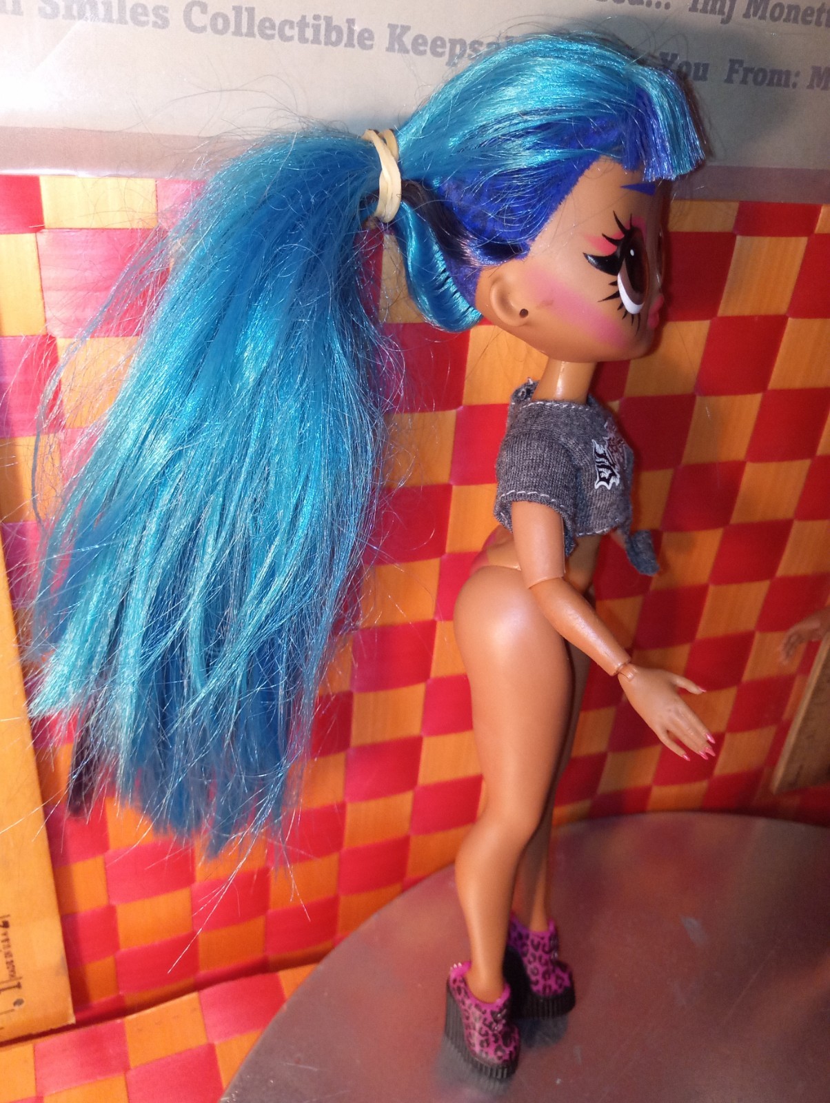 Dolls, OMG, Girl with blue hair and Girl in white outfit (UK), both 2019, 10″h b