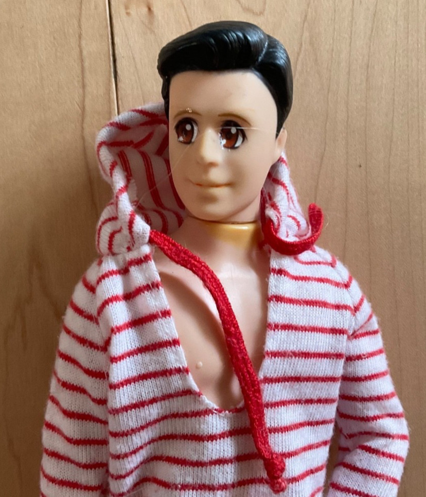 Brunette Clone Ken Doll, articulated body, striped red/white top, khakis