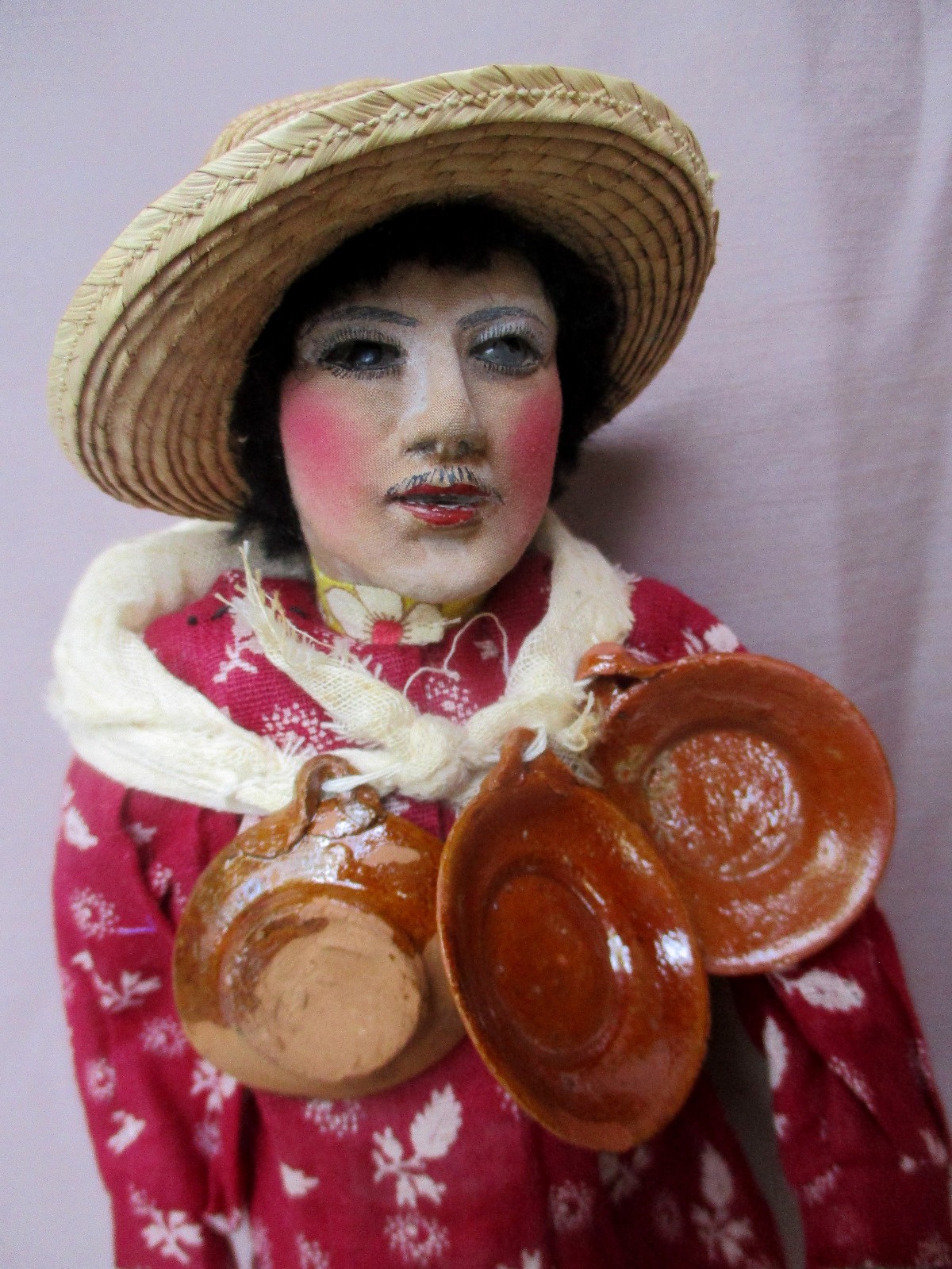 Vintage 16″ Cloth Male Doll with Bead Teeth Sculpted Face Mexico 1940s-50’s