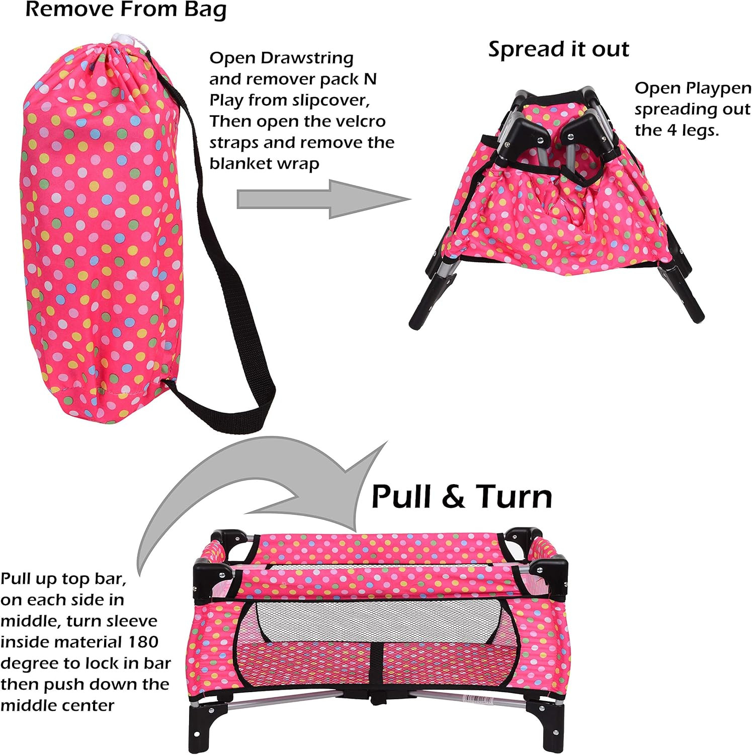 4 Piece Doll Play Set, Includes – 1 Pack N Play. 2 Doll Stroller 3.Doll High Cha
