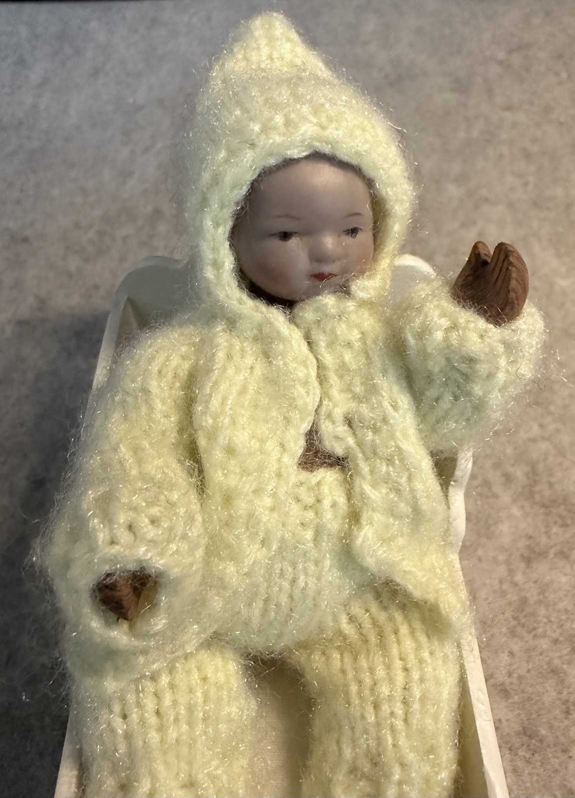 RARE 1974 Signed Sherman Smith Carved Wood Body Little Baby 5″ DOLL w/Cradle