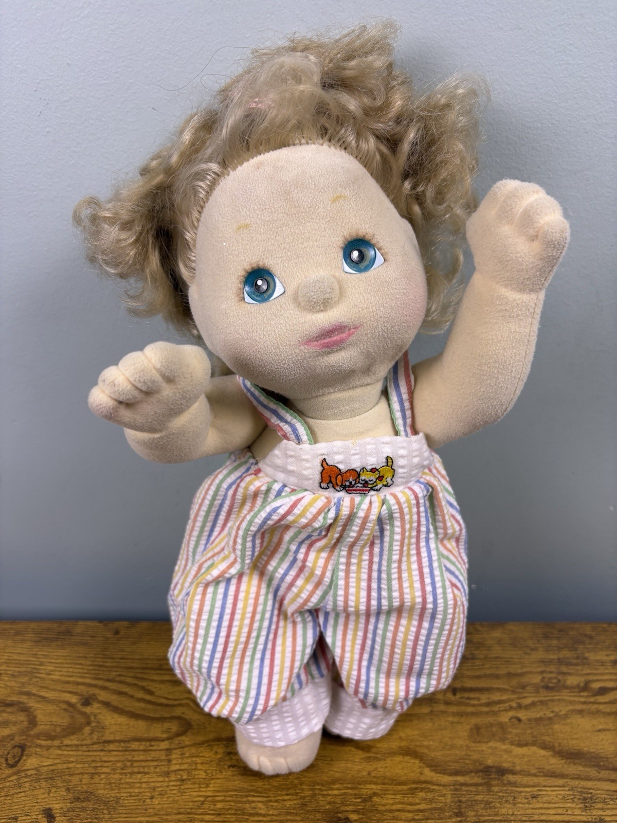 1985 Mattel My Child Doll Blonde w/ Blue Eyes Plush Puppy Dog Overalls 13” & Tag