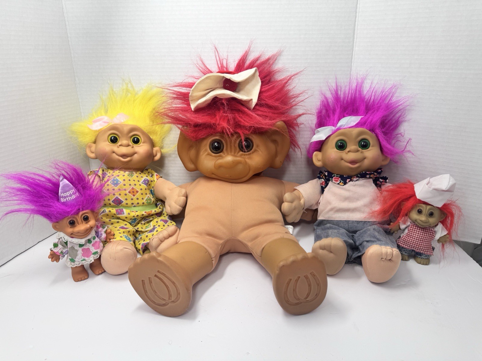 Mixed Lot Vintage Troll Dolls Russ & Uneeda Plush, Soft, Hard Mix-chef, Birthday