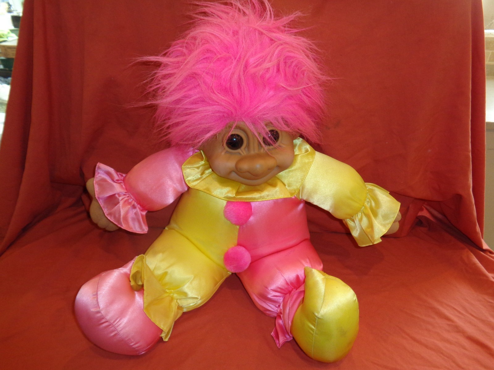 Large 70cm RUSS Clown Troll Doll Pink Hair Pink & Yellow Jester Birthday Circus