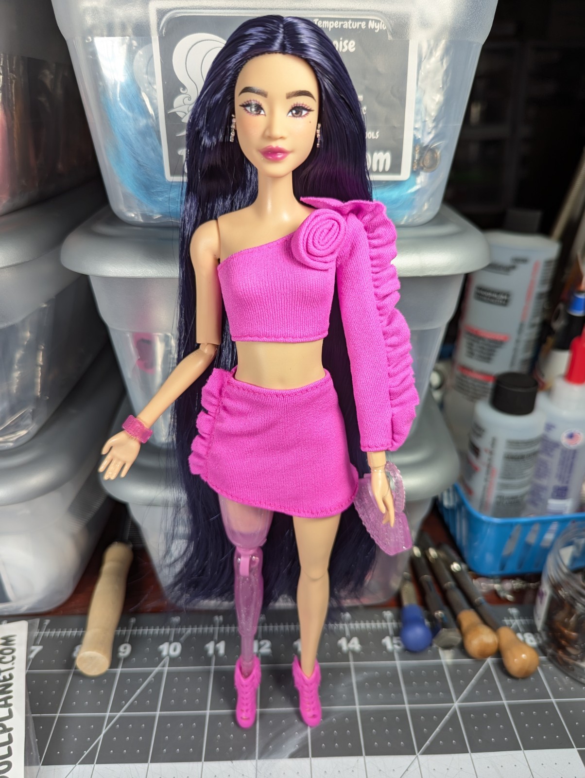 OOAK Custom Reroot Barbie Deluxe Style 2 Doll Long Black Hair Prosthetic Leg