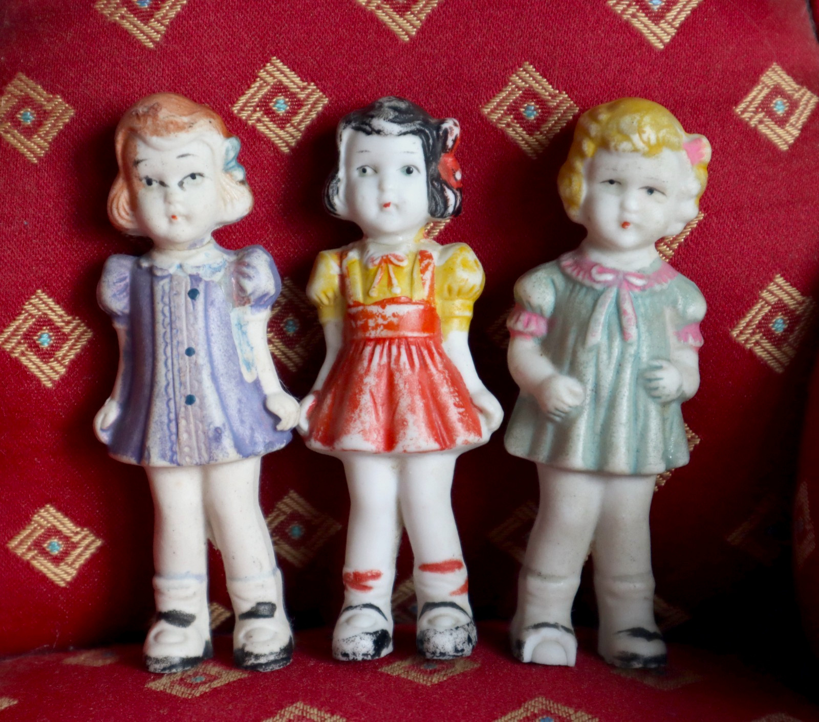 TLC Lot of 3 Adorable Painted Frozen Charlotte Dolls Vintage Japan 3.5in Size