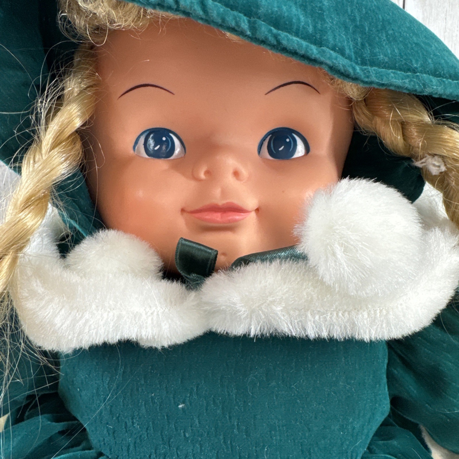 MTY International CO Vintage Cloth Doll with Rubber Face Green Dress 16”