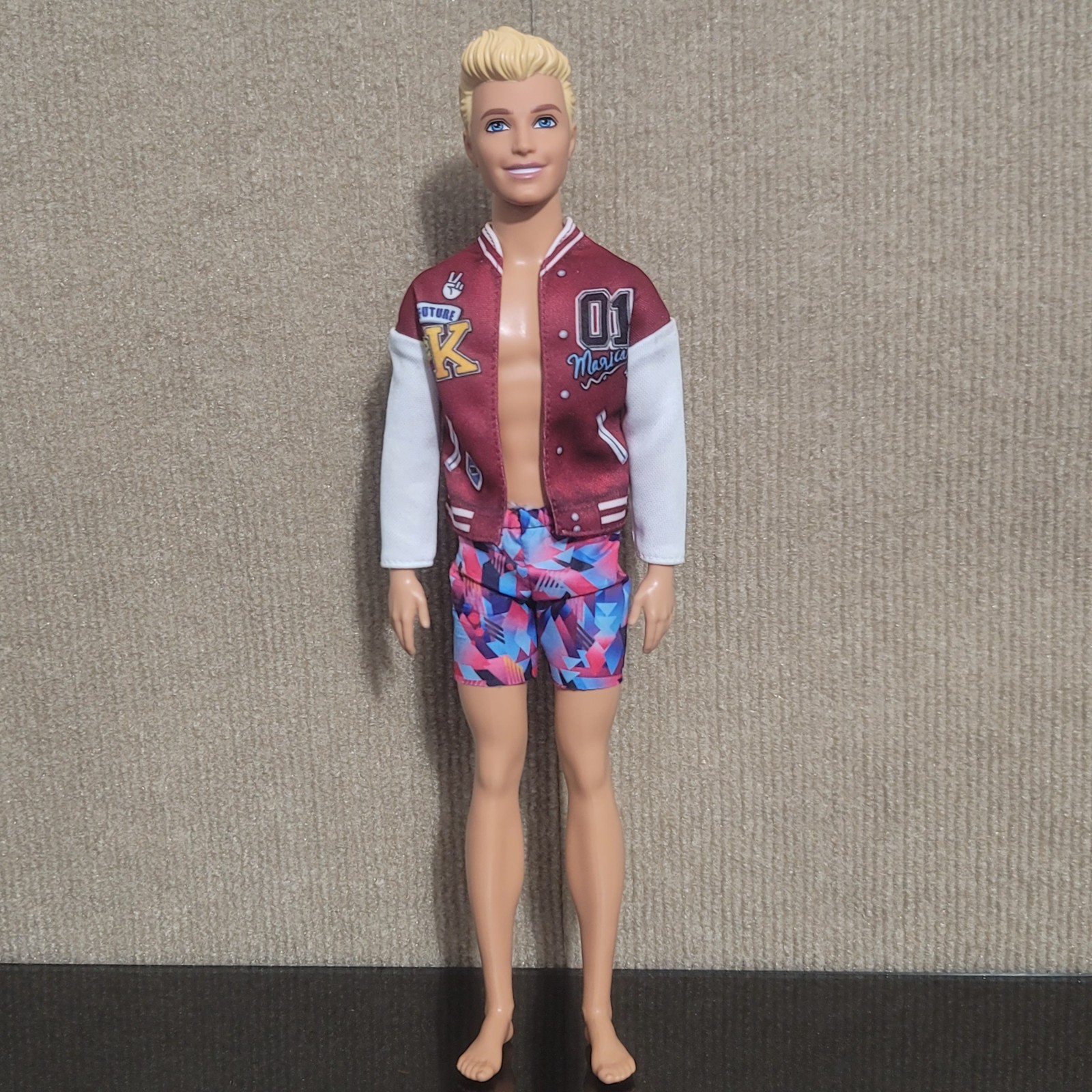 Barbie Beach Day Ken Doll Blond Hair Summer Swimsuit Trunks w/ Letterman Jacket
