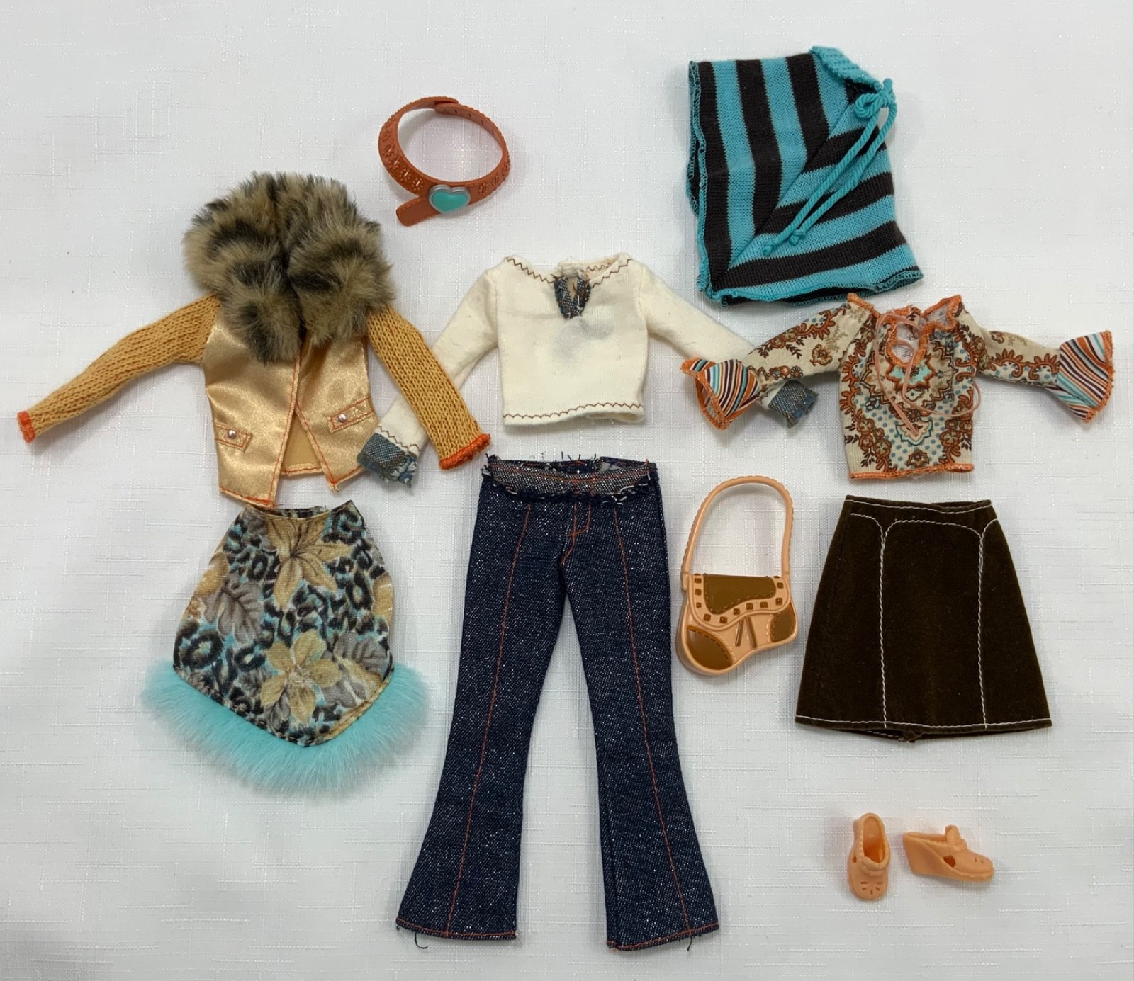 Fashion Fever Barbie Clothes 2005 Jacket Tops Shawl Jeans Skirt Blue Brown Gold