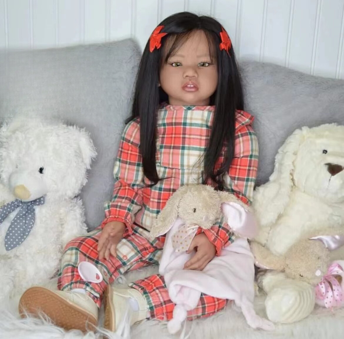 28in Reborn Baby Doll Brown Skin Asian Toddler Girl Hand-Rooted Long Black Hair