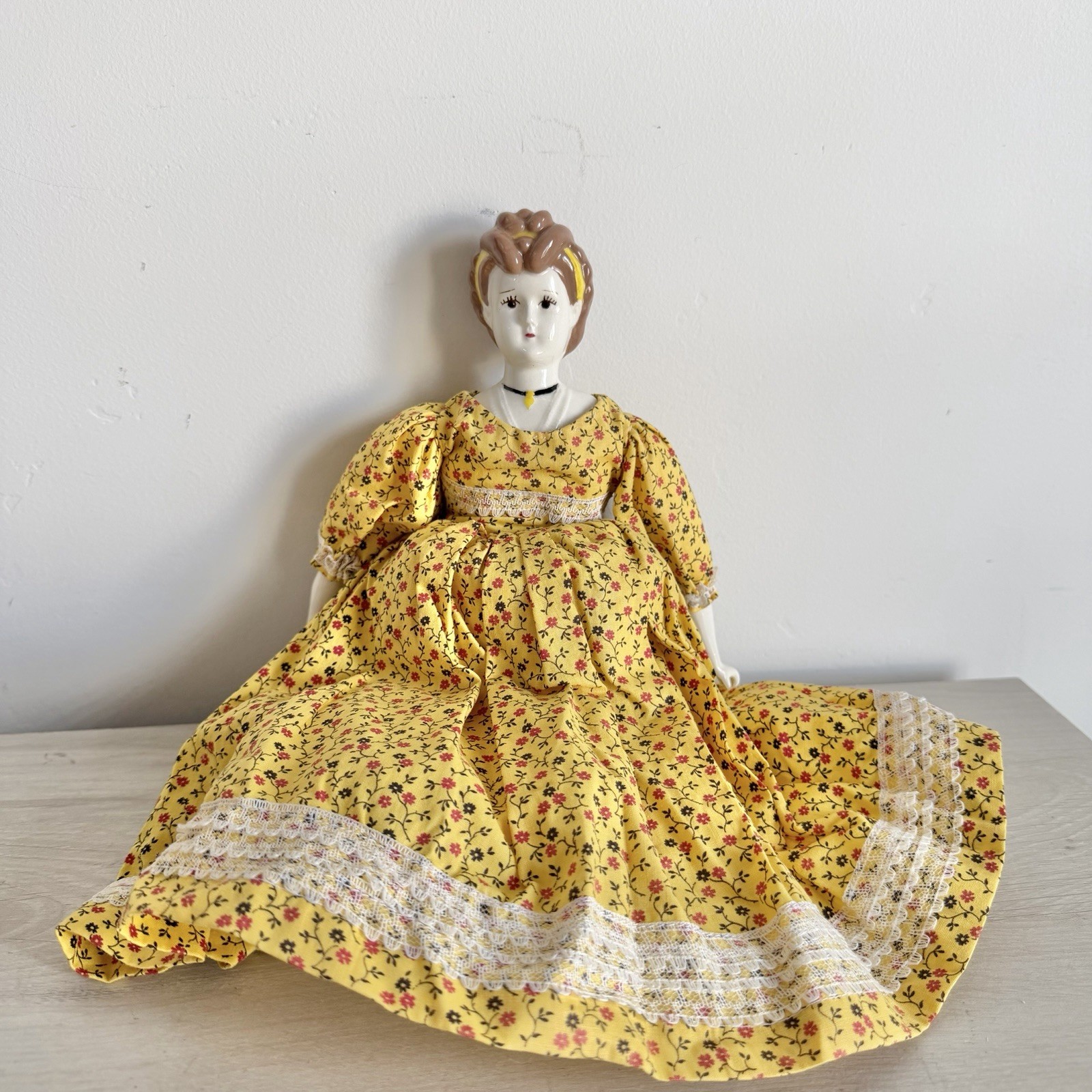 Vintage China Head Doll Fabric Body Molded Hair Floral Dress 14 in