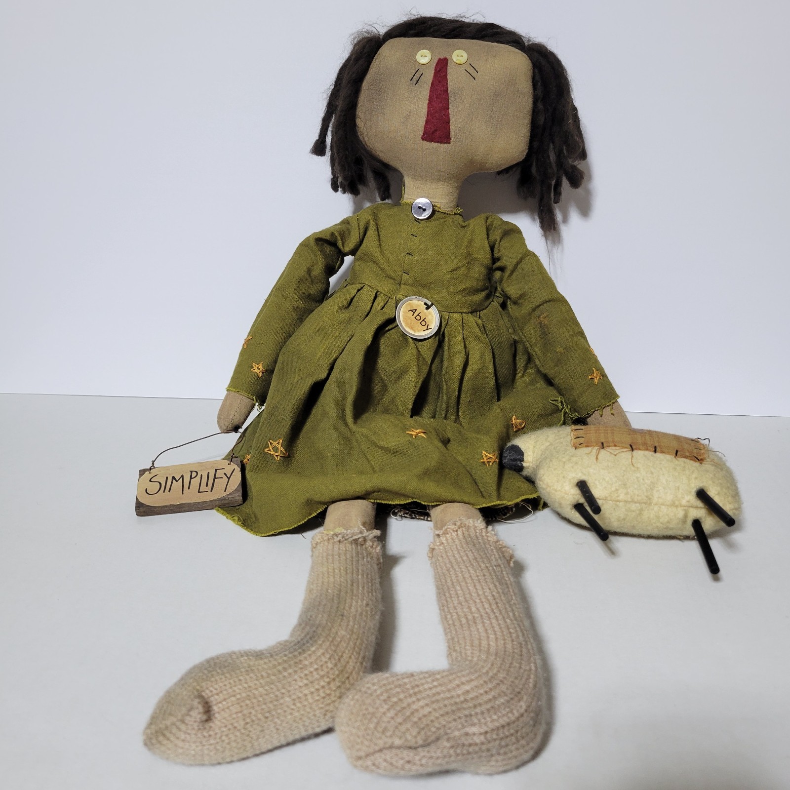 Primitive Rag Cloth Doll 24″ Weighted Bottom Abby With Sheep and Simplify Sign