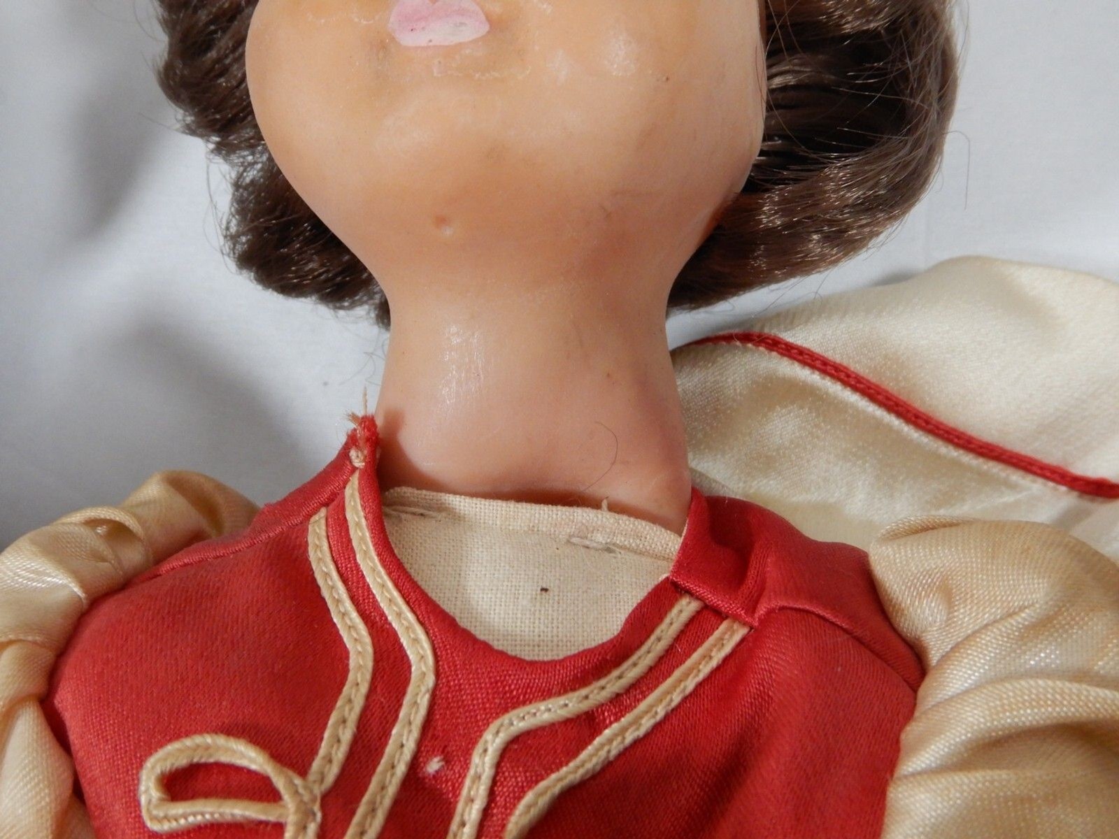 Rubber Faced Cloth Dolls 18″ Unmarked Fabric Red Boots Blue Eyes Brunette Cloth