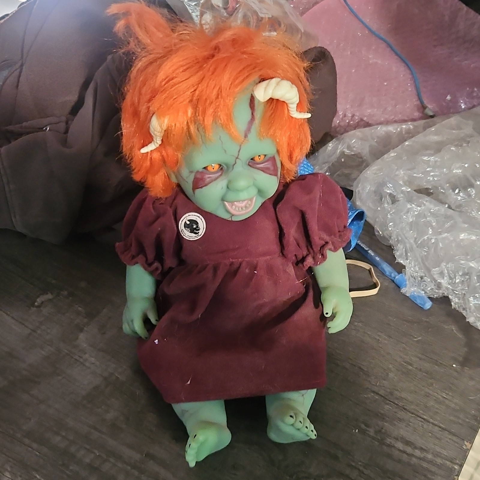 Green Gothic & Horror Artist Doll Orange Wavy Hair Yellow Eyes Burgundy Dress