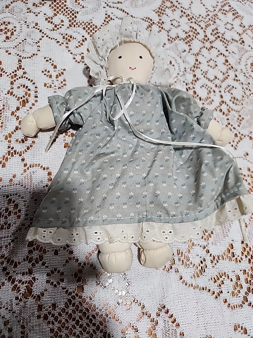 Two Vintage Handmade Cloth Rag Dolls Soft Body with Bonnets Ruffles & Bows